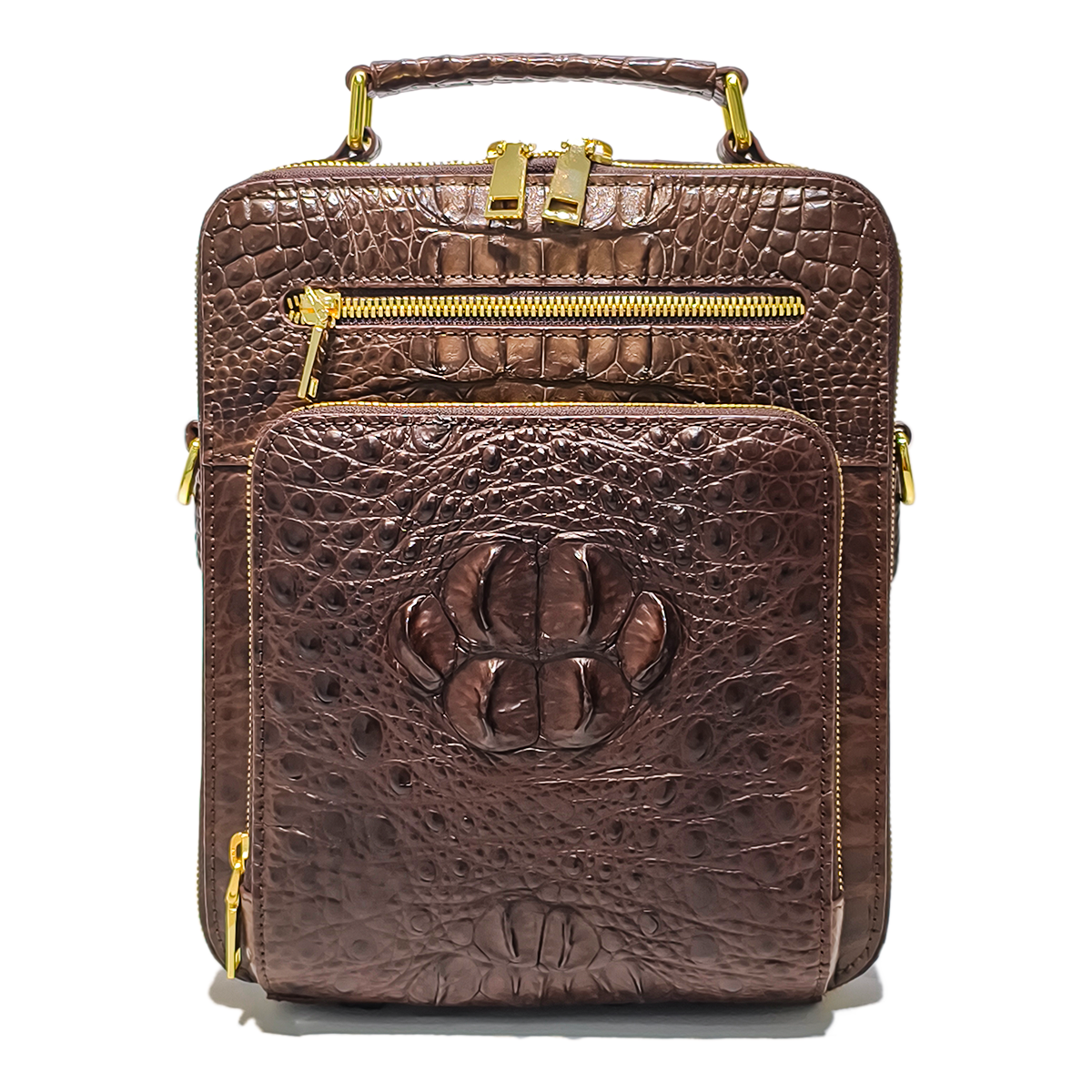 Handmade Genuine Alligator Leather Bag, Rich Brown with Gold-Tone Hardware & Dual-Zip Pocket Structure