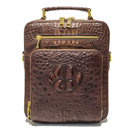 Handmade Genuine Alligator Leather Bag, Rich Brown with Gold-Tone Hardware & Dual-Zip Pocket Structure