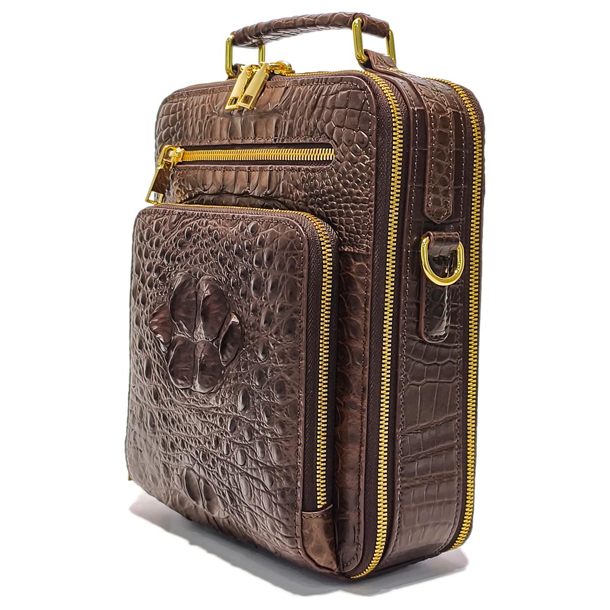 Handmade Genuine Alligator Leather Bag, Rich Brown with Gold-Tone Hardware & Dual-Zip Pocket Structure