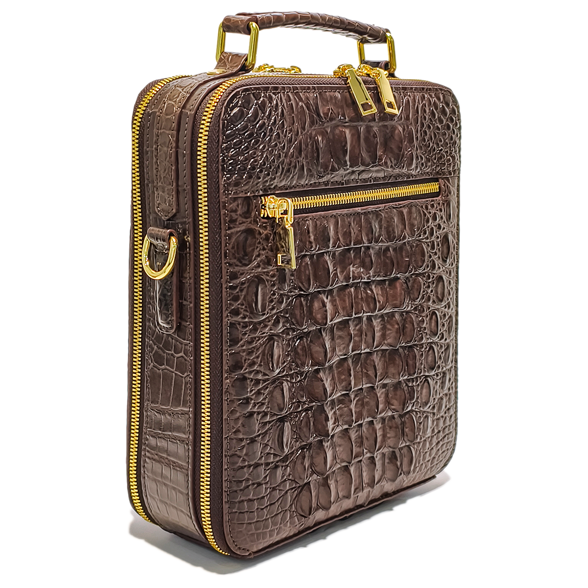 Handmade Genuine Alligator Leather Bag, Rich Brown with Gold-Tone Hardware & Dual-Zip Pocket Structure