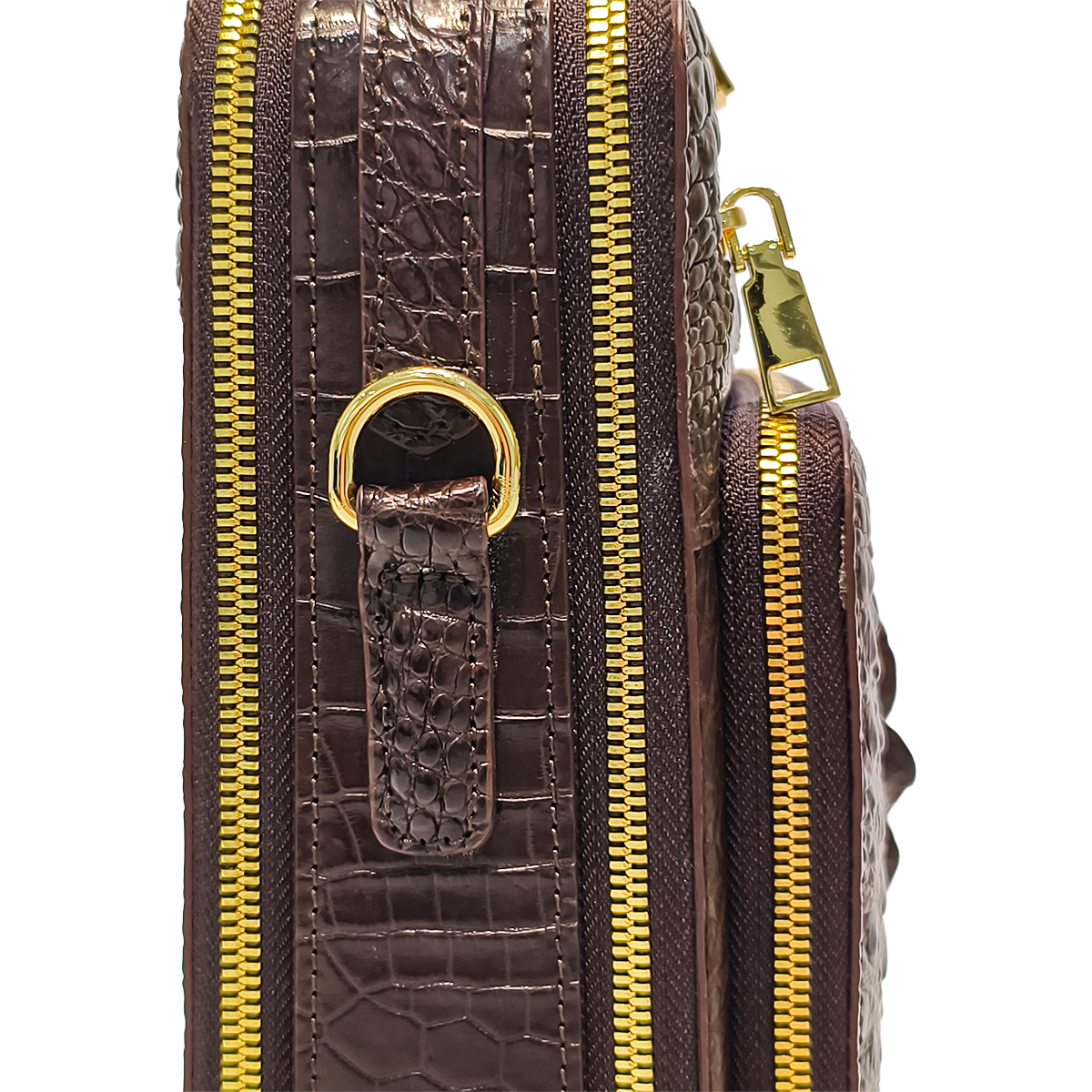 Handmade Genuine Alligator Leather Bag, Rich Brown with Gold-Tone Hardware & Dual-Zip Pocket Structure