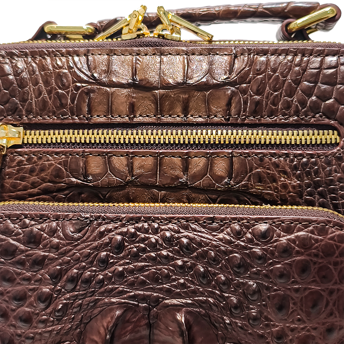 Handmade Genuine Alligator Leather Bag, Rich Brown with Gold-Tone Hardware & Dual-Zip Pocket Structure