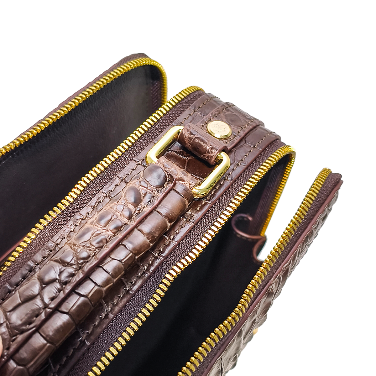 Handmade Genuine Alligator Leather Bag, Rich Brown with Gold-Tone Hardware & Dual-Zip Pocket Structure