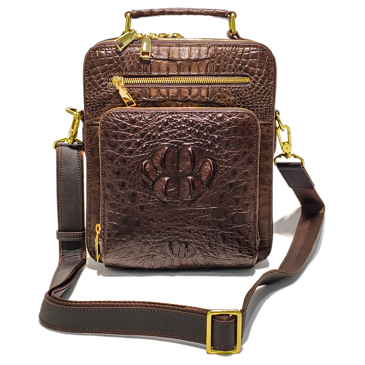 Handmade Genuine Alligator Leather Bag, Rich Brown with Gold-Tone Hardware & Dual-Zip Pocket Structure