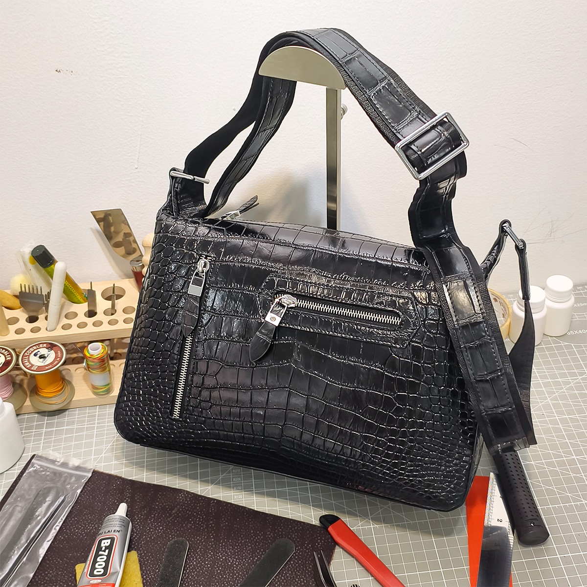 Handmade Genuine Alligator Leather Messenger Bag, Glossy Black with Silver-Tone Hardware & Multi-Zip Pocket Design