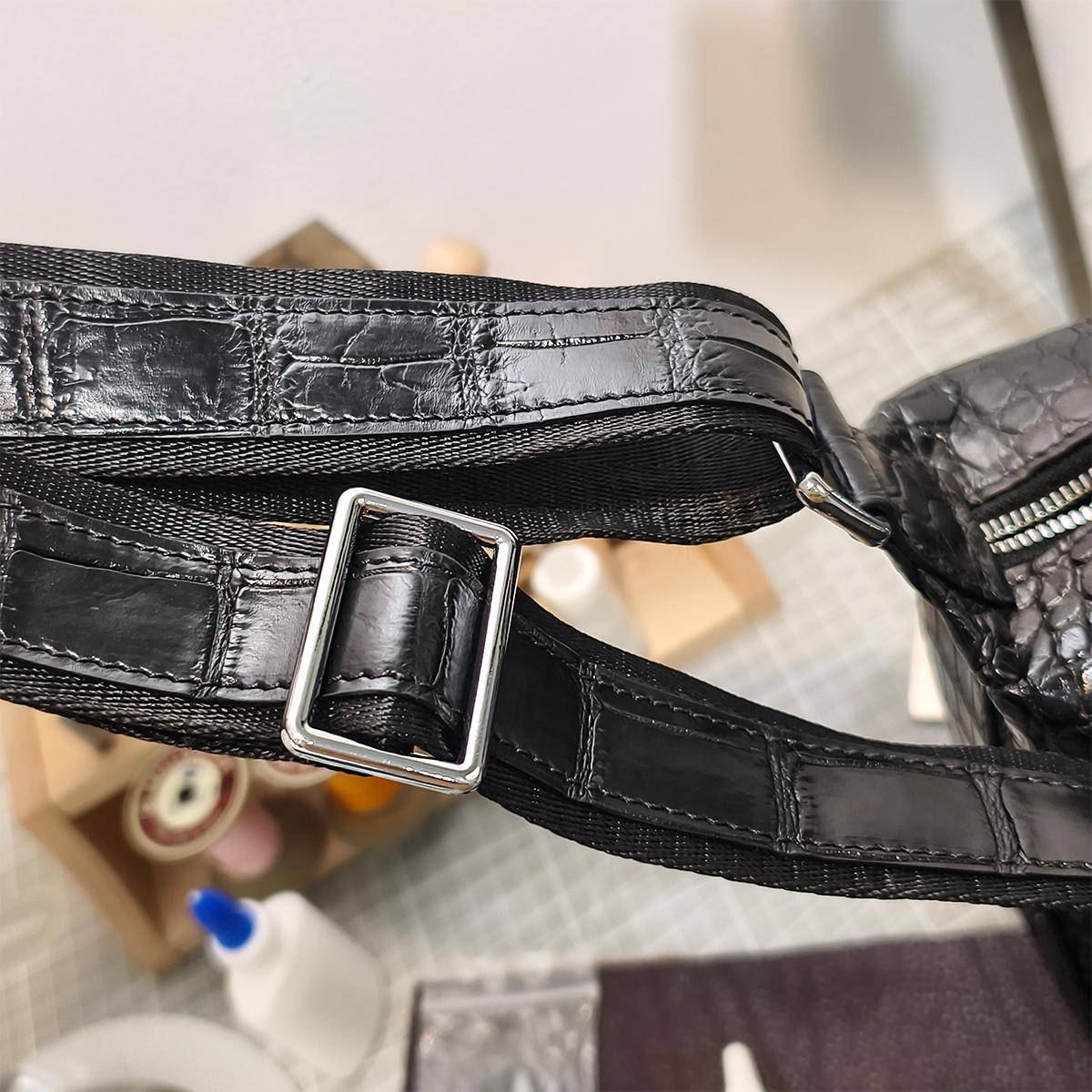 Handmade Genuine Alligator Leather Messenger Bag, Glossy Black with Silver-Tone Hardware & Multi-Zip Pocket Design