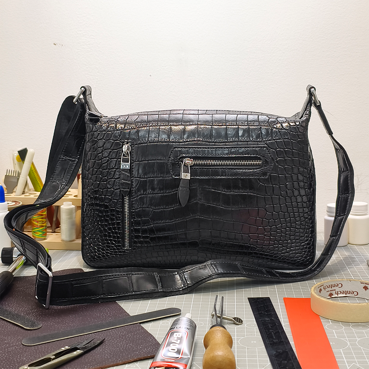 Handmade Genuine Alligator Leather Messenger Bag, Glossy Black with Silver-Tone Hardware & Multi-Zip Pocket Design