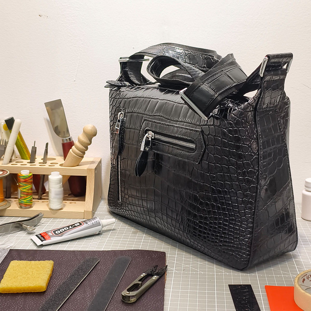 Handmade Genuine Alligator Leather Messenger Bag, Glossy Black with Silver-Tone Hardware & Multi-Zip Pocket Design