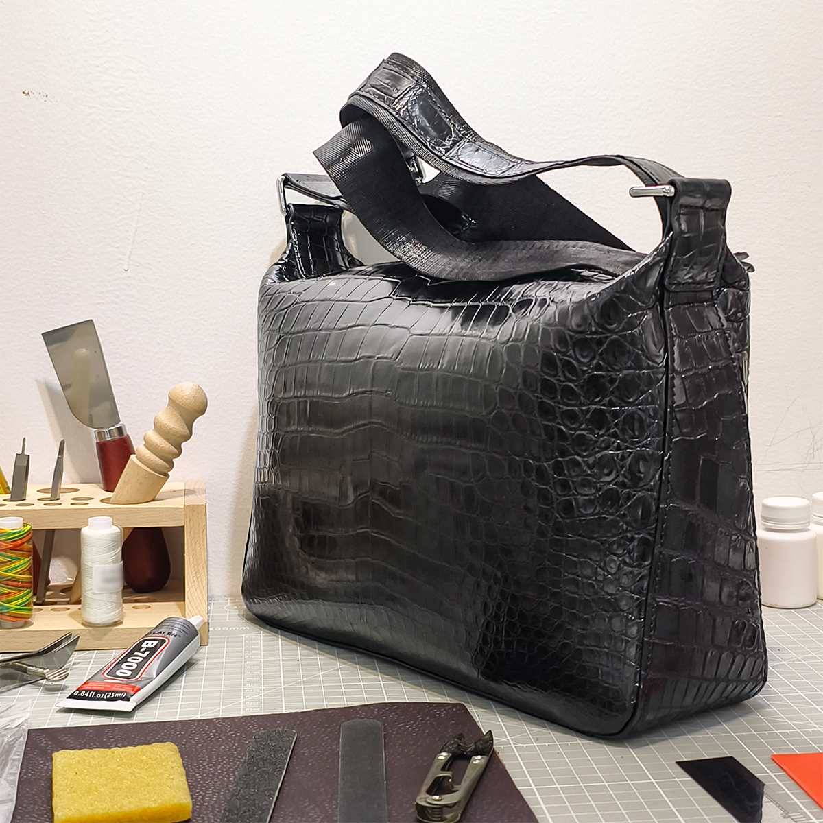 Handmade Genuine Alligator Leather Messenger Bag, Glossy Black with Silver-Tone Hardware & Multi-Zip Pocket Design