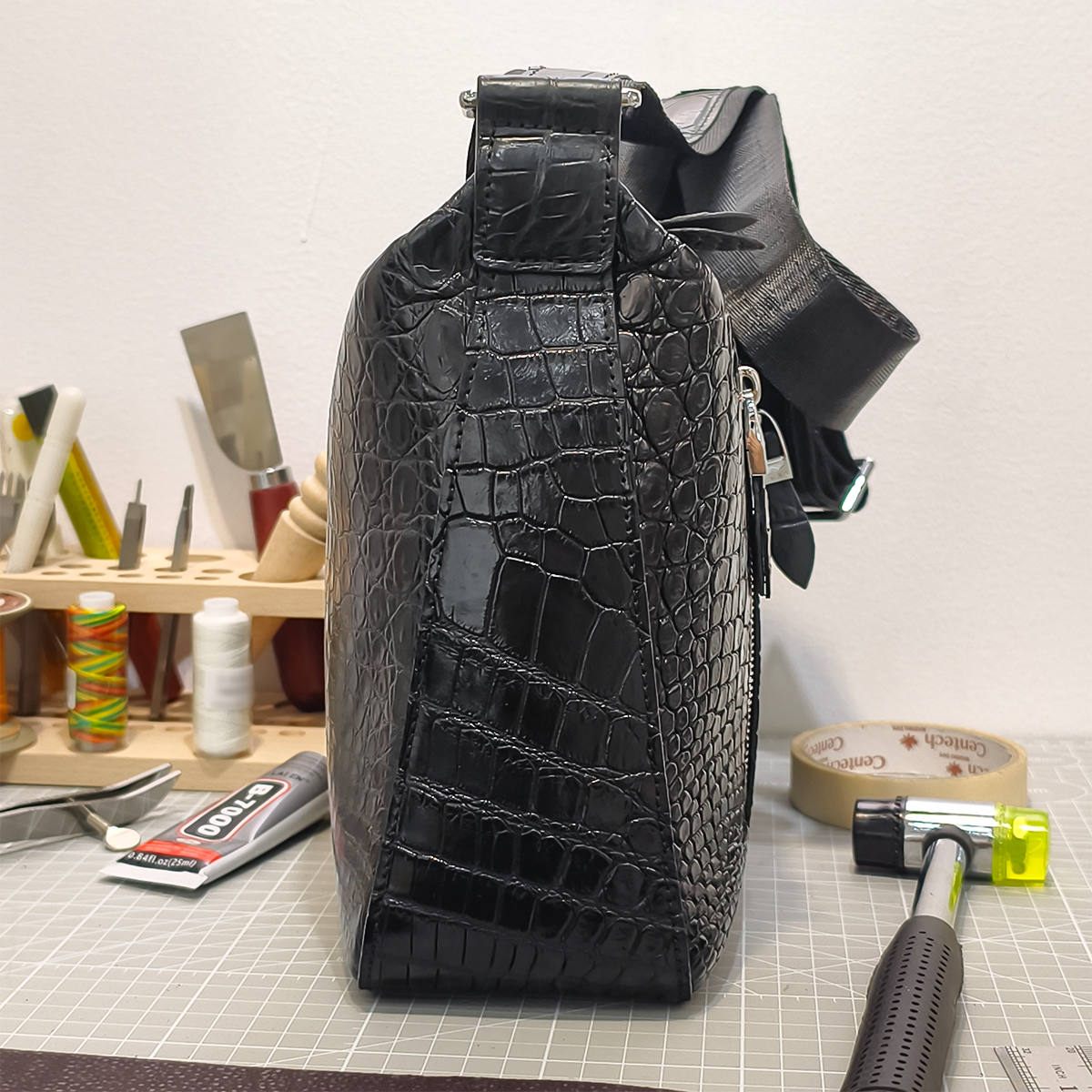 Handmade Genuine Alligator Leather Messenger Bag, Glossy Black with Silver-Tone Hardware & Multi-Zip Pocket Design