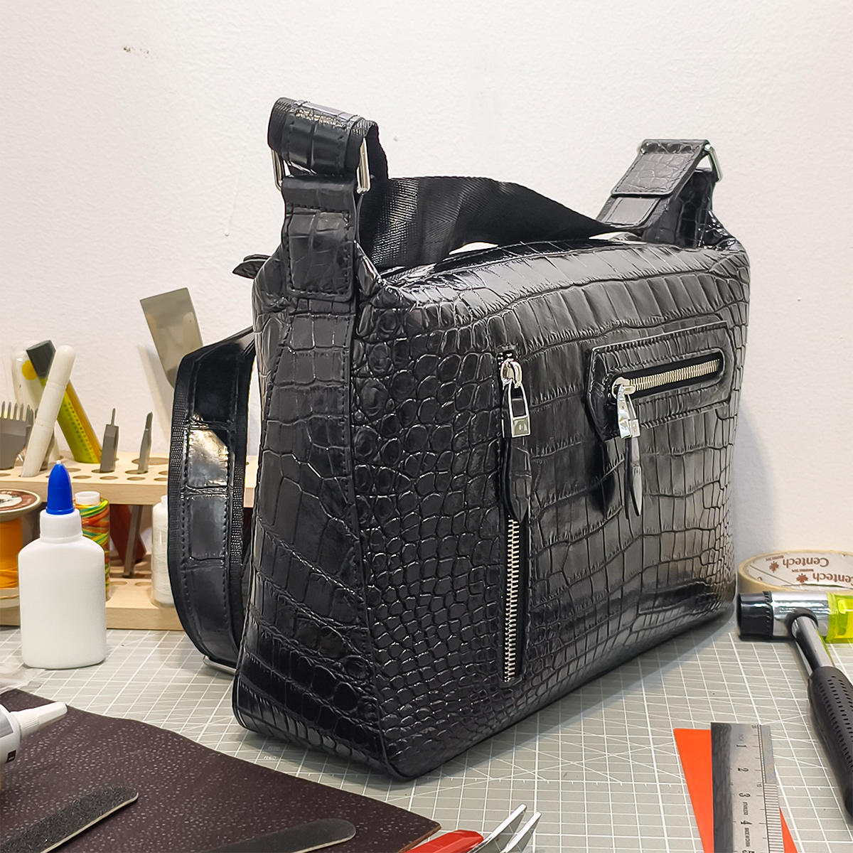 Handmade Genuine Alligator Leather Messenger Bag, Glossy Black with Silver-Tone Hardware & Multi-Zip Pocket Design