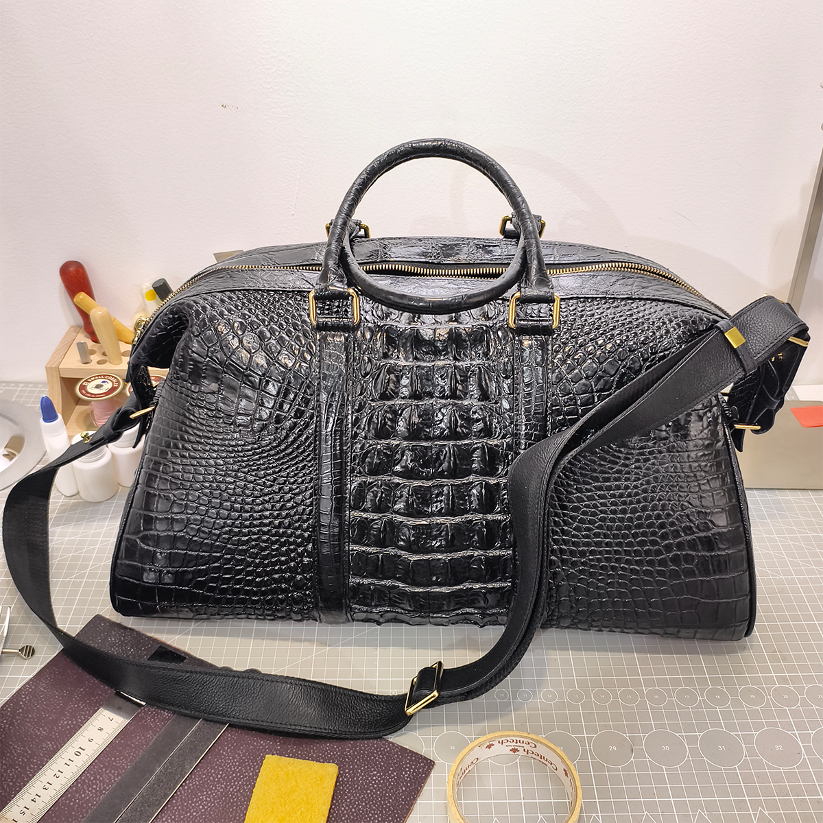 Handmade Genuine Alligator Leather Travel/Duffel Bag, Glossy Black with Spacious Structured Design