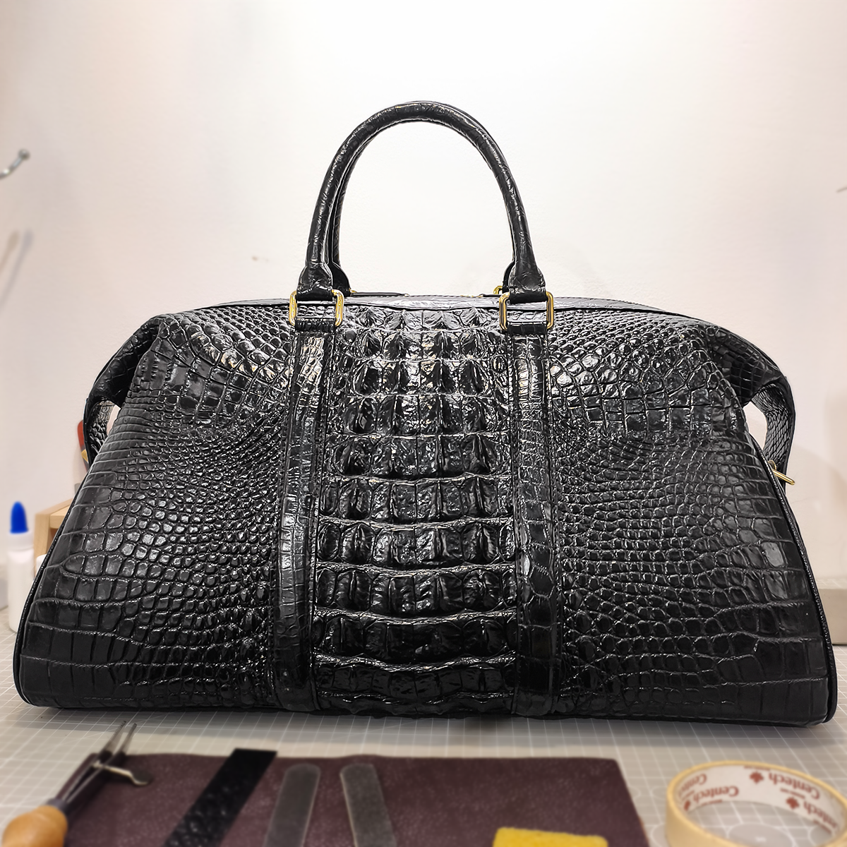 Handmade Genuine Alligator Leather Travel/Duffel Bag, Glossy Black with Spacious Structured Design