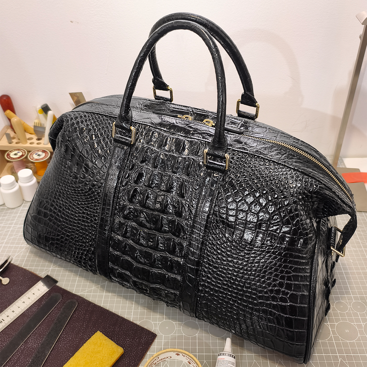 Handmade Genuine Alligator Leather Travel/Duffel Bag, Glossy Black with Spacious Structured Design