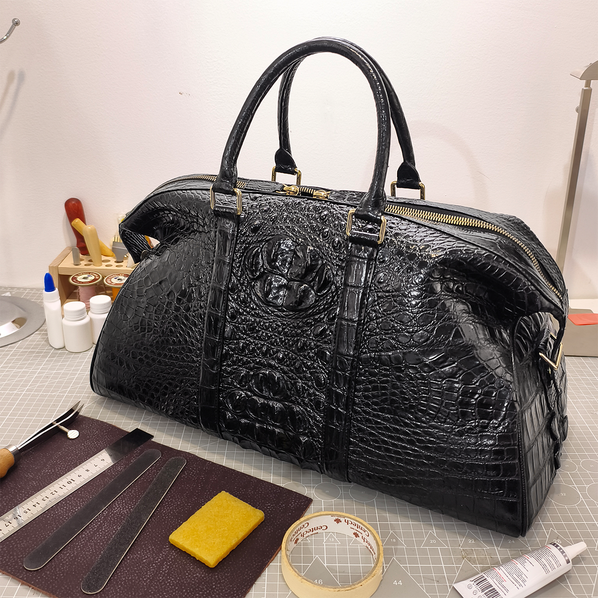 Handmade Genuine Alligator Leather Travel/Duffel Bag, Glossy Black with Spacious Structured Design