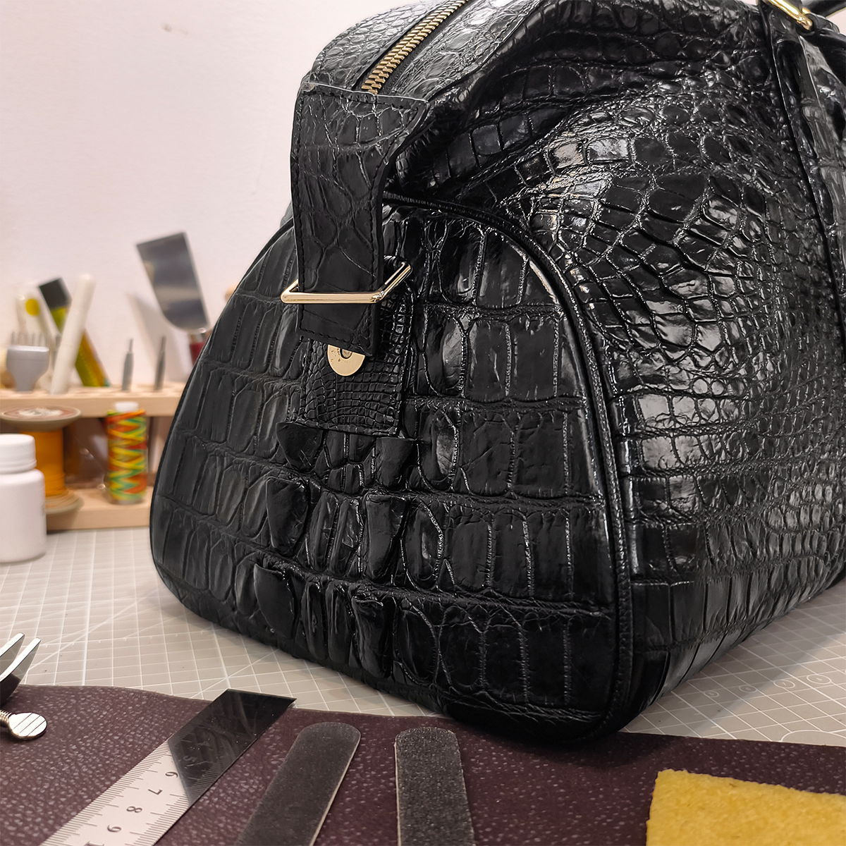 Handmade Genuine Alligator Leather Travel/Duffel Bag, Glossy Black with Spacious Structured Design