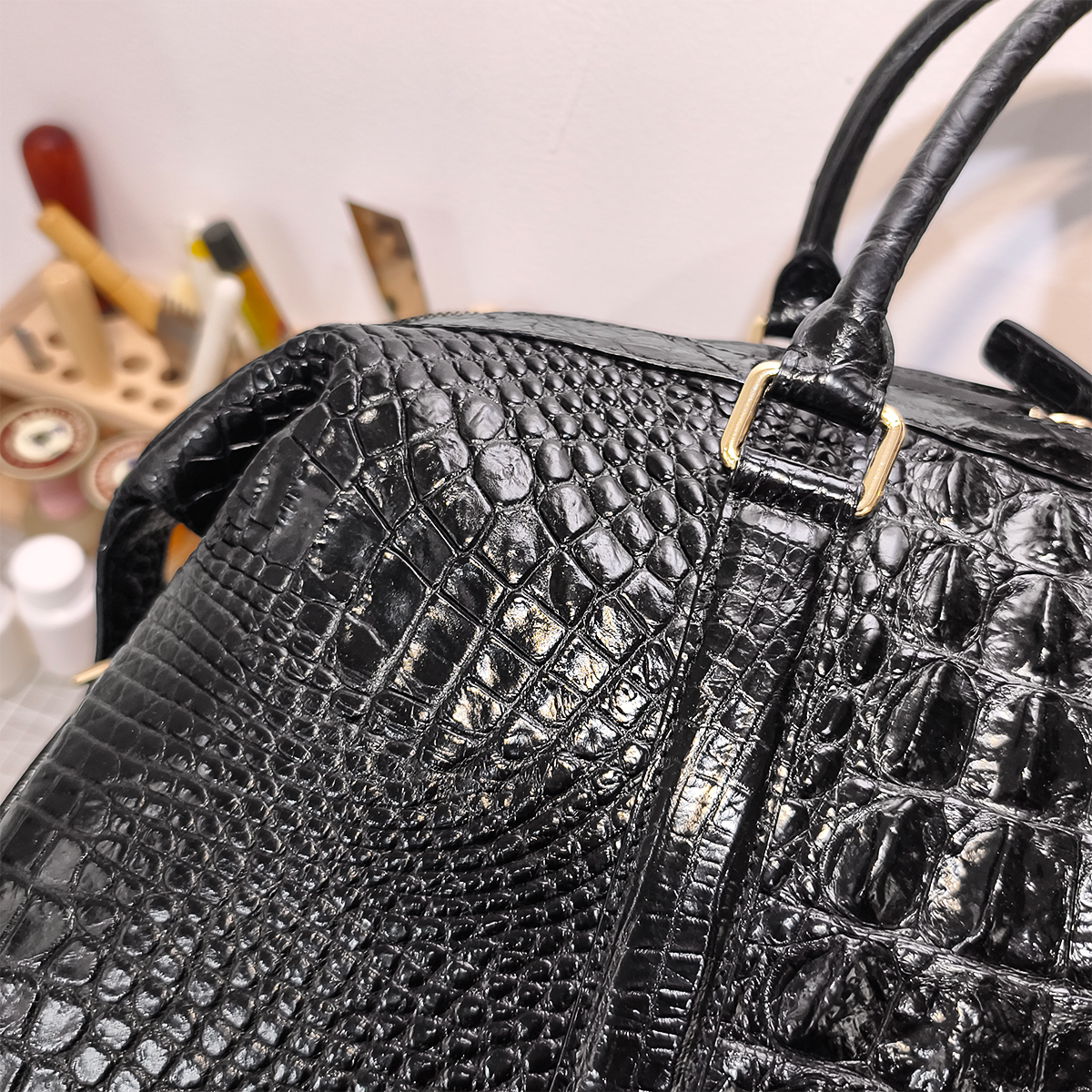 Handmade Genuine Alligator Leather Travel/Duffel Bag, Glossy Black with Spacious Structured Design