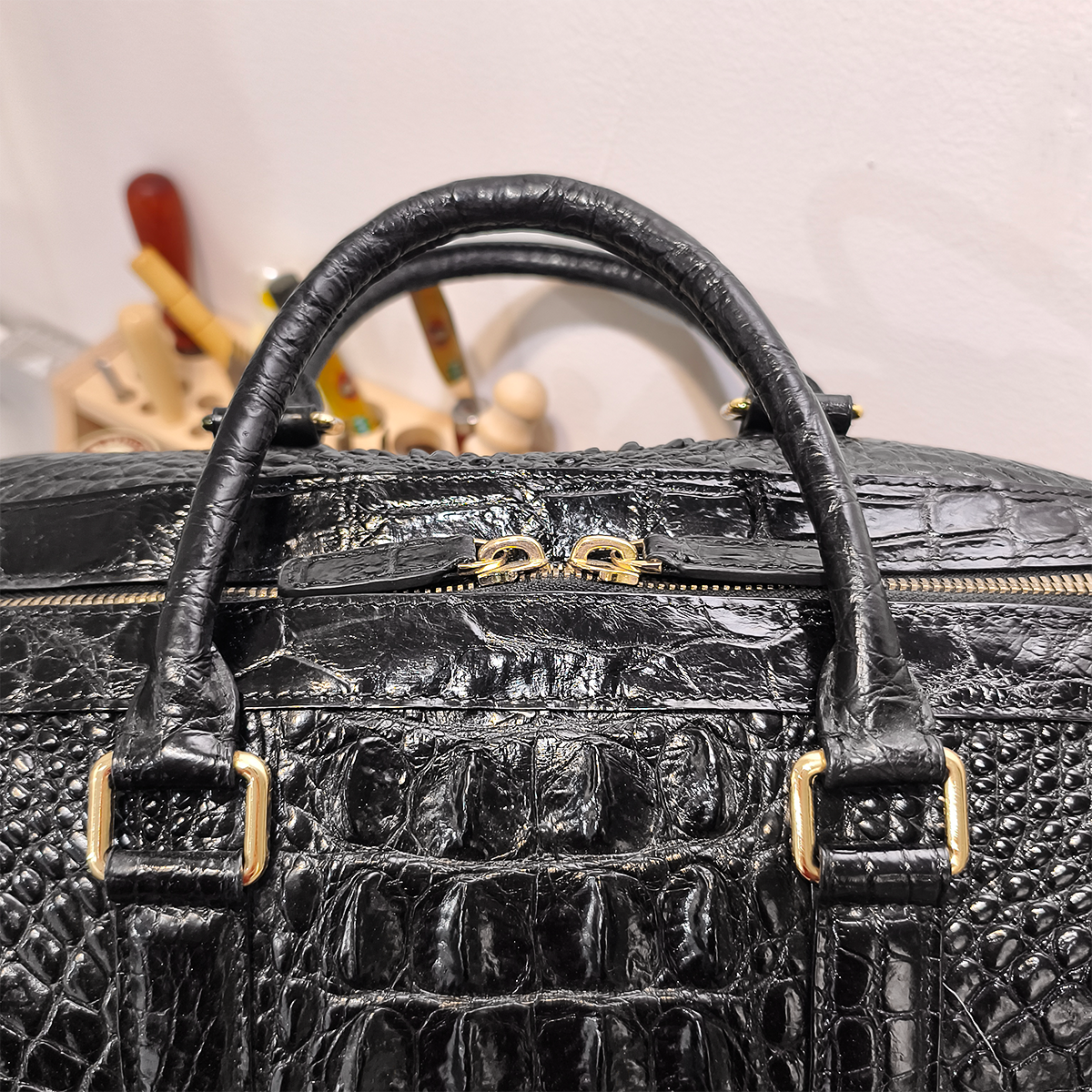 Handmade Genuine Alligator Leather Travel/Duffel Bag, Glossy Black with Spacious Structured Design