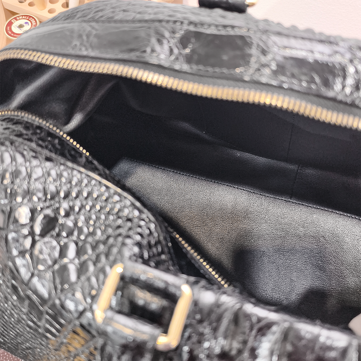 Handmade Genuine Alligator Leather Travel/Duffel Bag, Glossy Black with Spacious Structured Design
