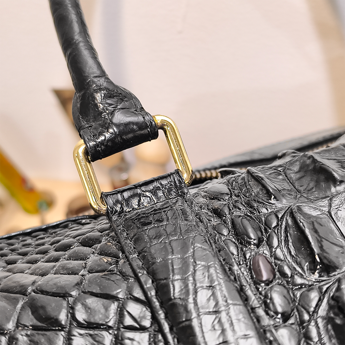 Handmade Genuine Alligator Leather Travel/Duffel Bag, Glossy Black with Spacious Structured Design