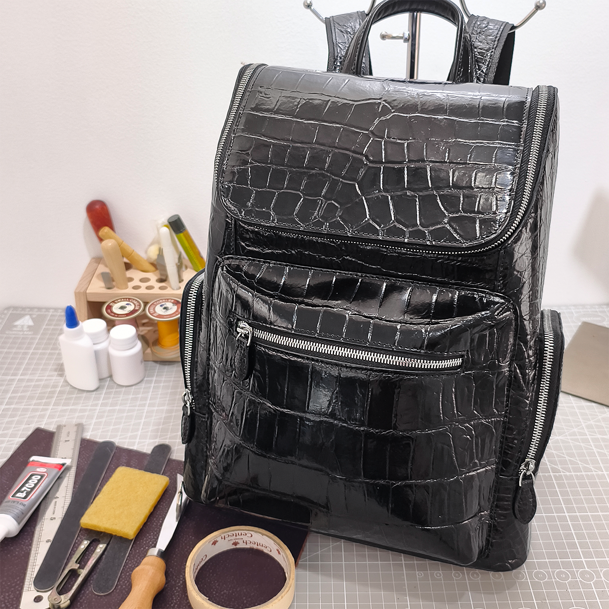 Handmade Genuine Alligator Belly Leather Backpack, Glossy Black with Silver-Tone Hardware & Multi-Zip Pocket Design