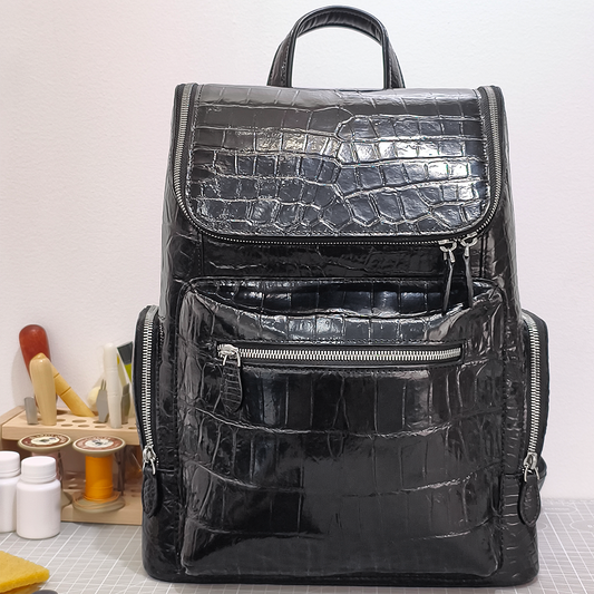Handmade Genuine Alligator Belly Leather Backpack, Glossy Black with Silver-Tone Hardware & Multi-Zip Pocket Design