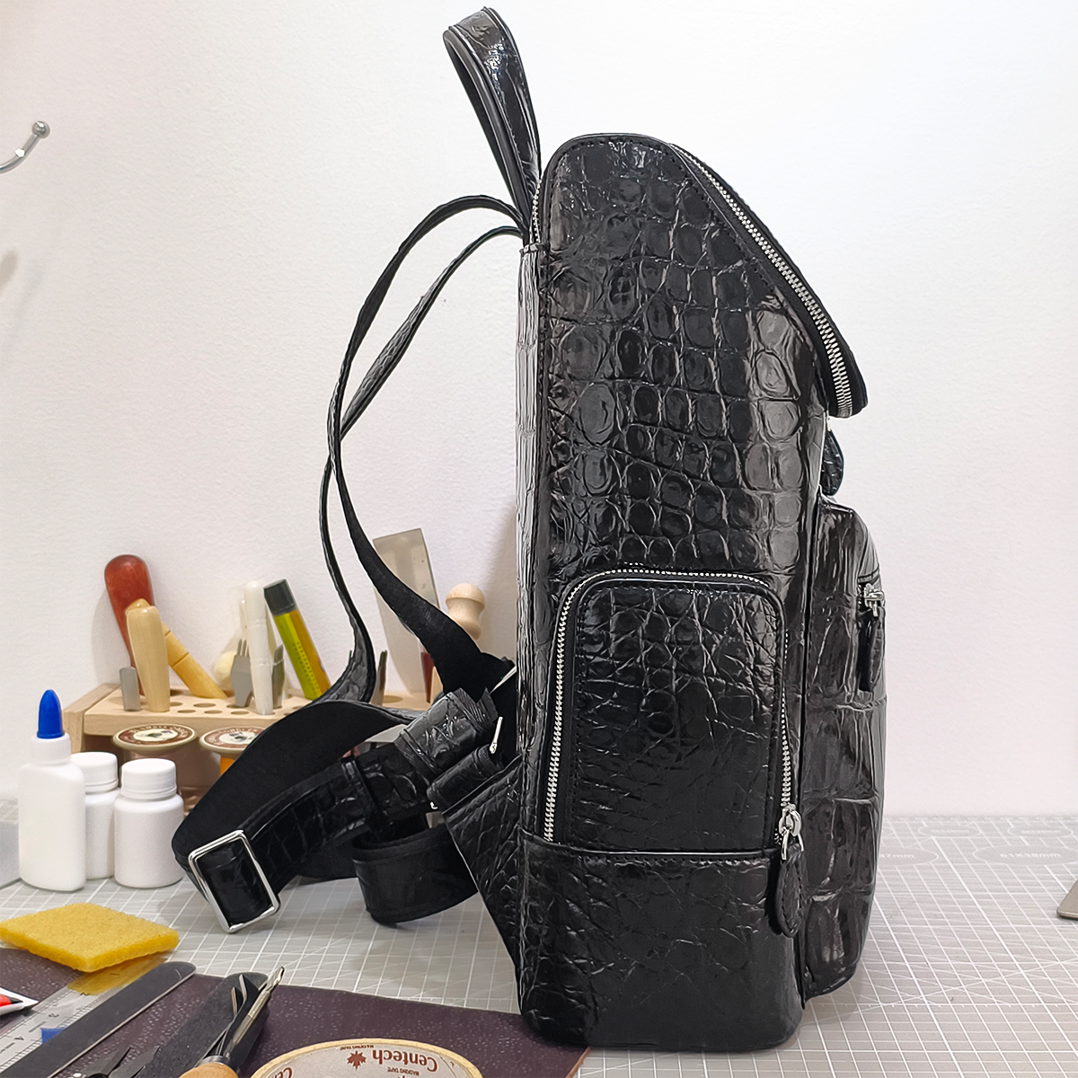 Handmade Genuine Alligator Belly Leather Backpack, Glossy Black with Silver-Tone Hardware & Multi-Zip Pocket Design