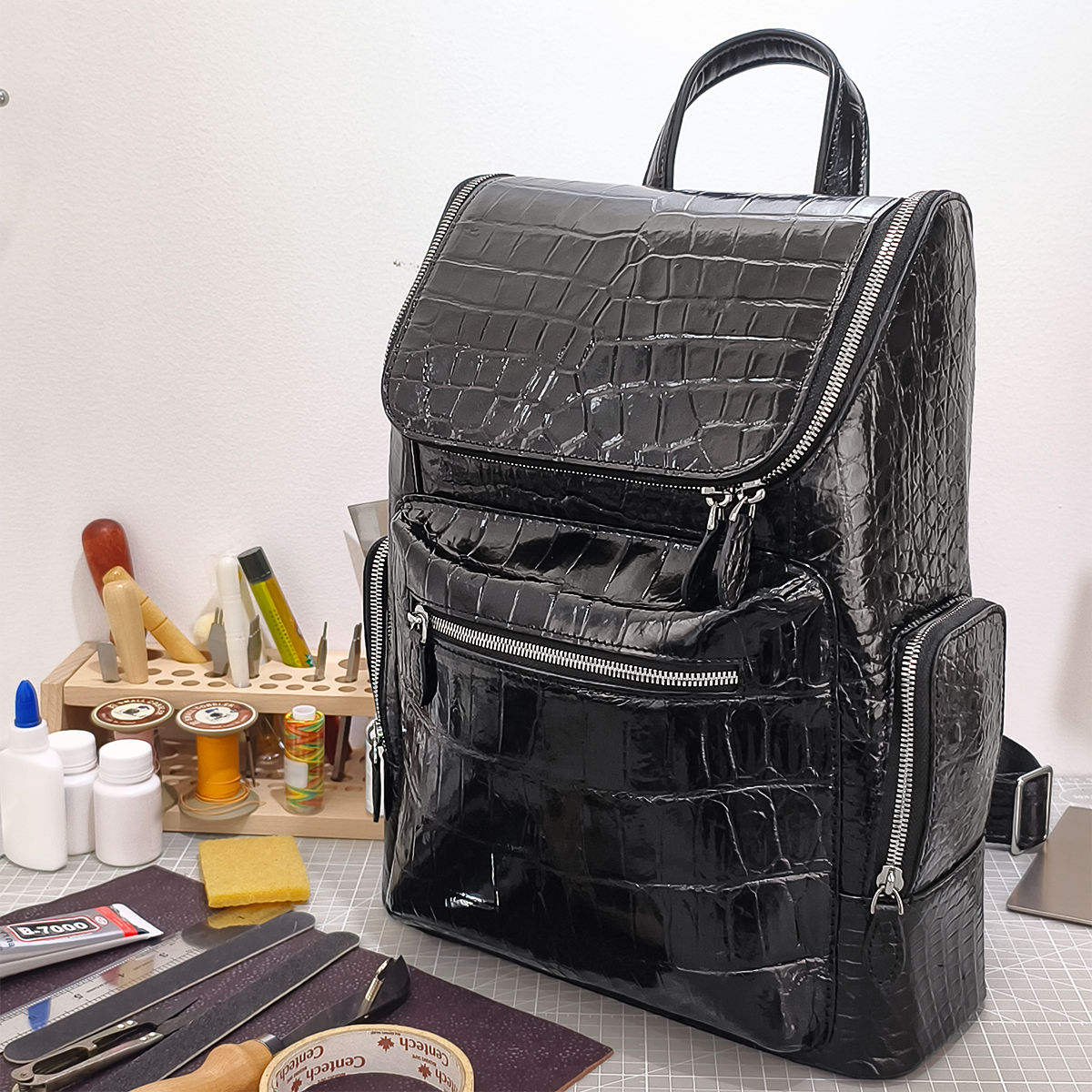 Handmade Genuine Alligator Belly Leather Backpack, Glossy Black with Silver-Tone Hardware & Multi-Zip Pocket Design