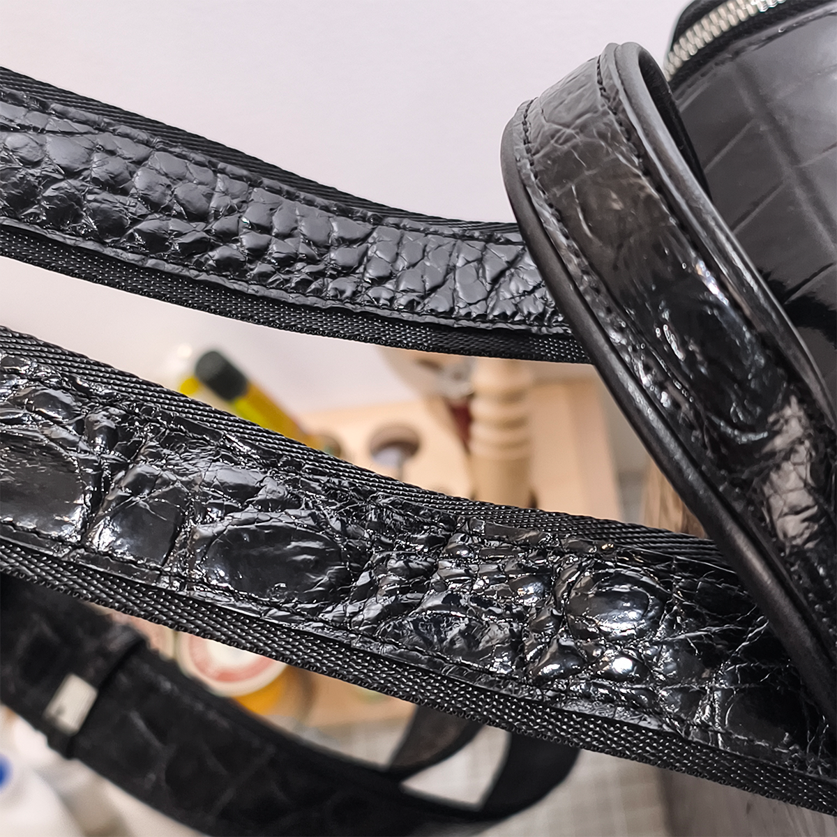 Handmade Genuine Alligator Belly Leather Backpack, Glossy Black with Silver-Tone Hardware & Multi-Zip Pocket Design