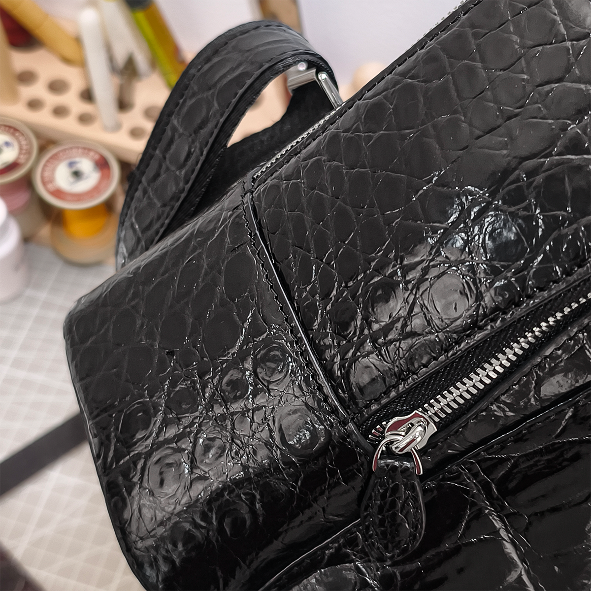 Handmade Genuine Alligator Belly Leather Backpack, Glossy Black with Silver-Tone Hardware & Multi-Zip Pocket Design