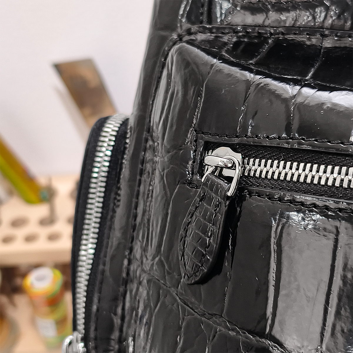 Handmade Genuine Alligator Belly Leather Backpack, Glossy Black with Silver-Tone Hardware & Multi-Zip Pocket Design
