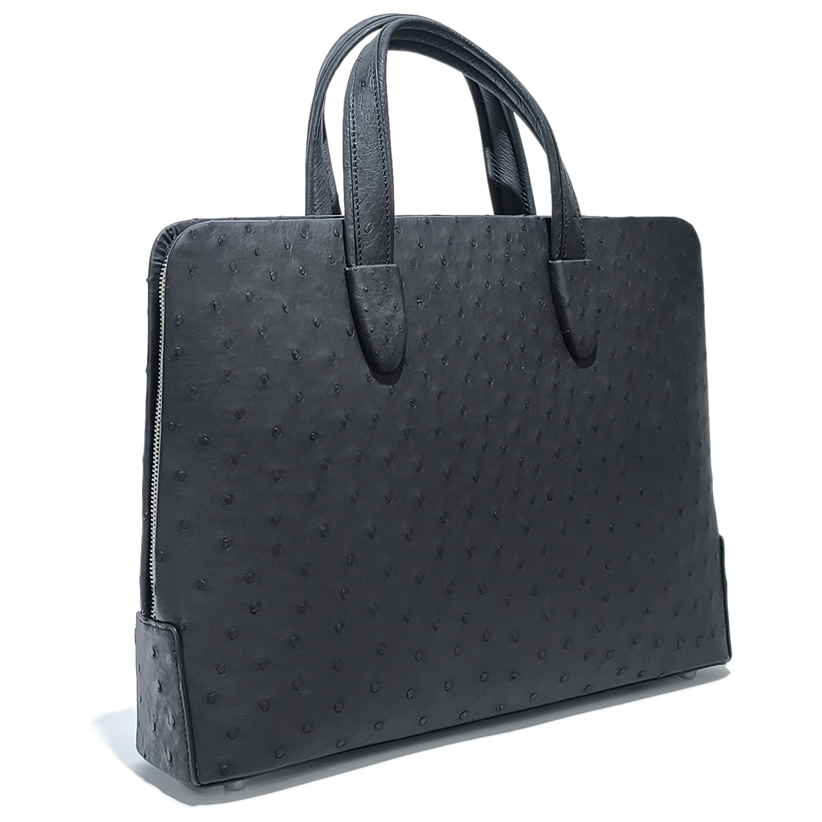 Handmade Genuine Ostrich Leather Briefcase, Matte Black with Silver Hardware & Top-Handle Design