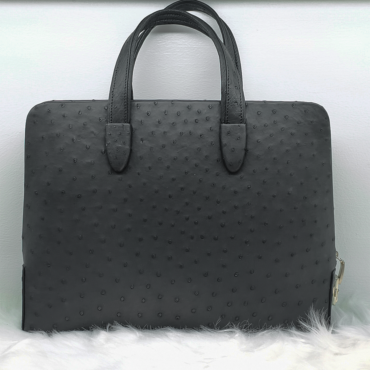 Handmade Genuine Ostrich Leather Briefcase, Matte Black with Silver Hardware & Top-Handle Design
