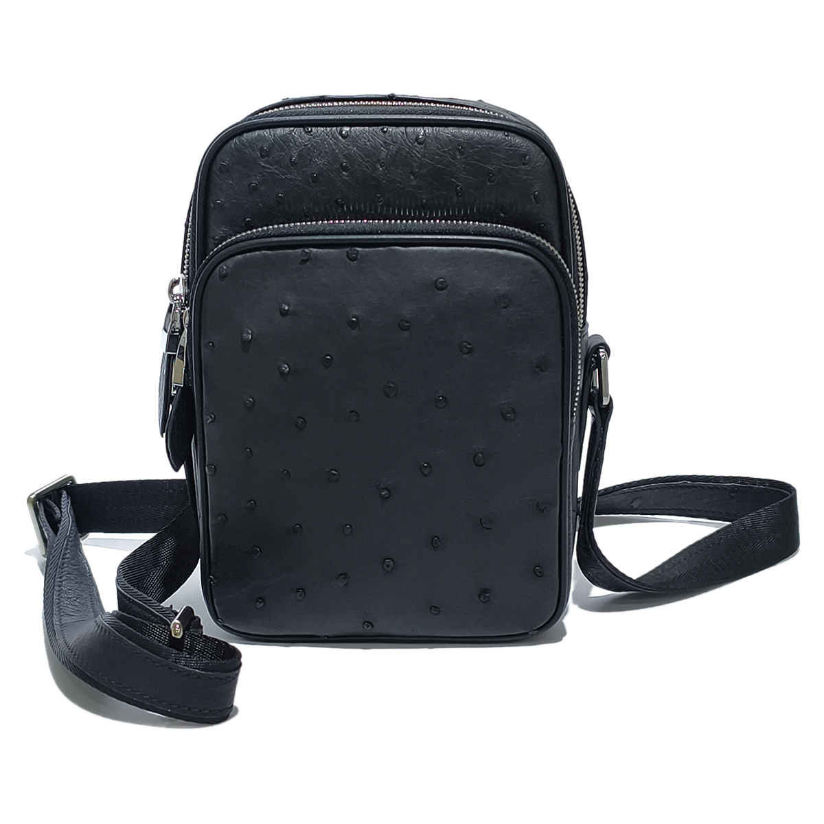 Handmade Genuine Ostrich Leather Crossbody Bag, Matte Black with Silver Hardware & Multi-Pocket Structure