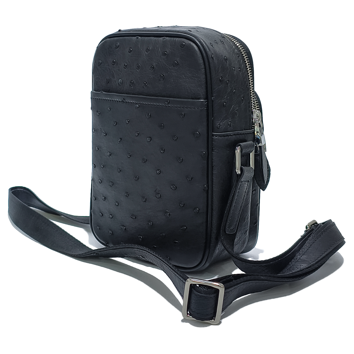 Handmade Genuine Ostrich Leather Crossbody Bag, Matte Black with Silver Hardware & Multi-Pocket Structure
