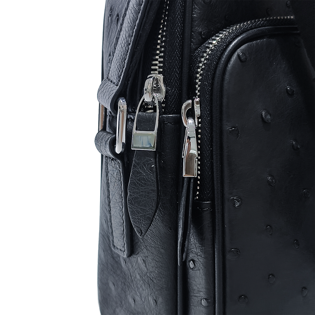 Handmade Genuine Ostrich Leather Crossbody Bag, Matte Black with Silver Hardware & Multi-Pocket Structure