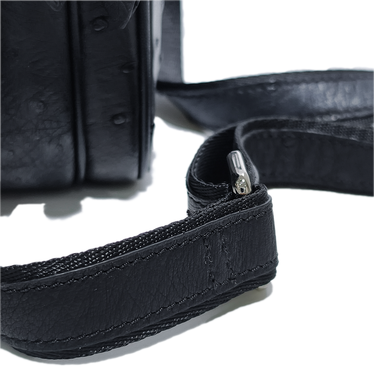 Handmade Genuine Ostrich Leather Crossbody Bag, Matte Black with Silver Hardware & Multi-Pocket Structure