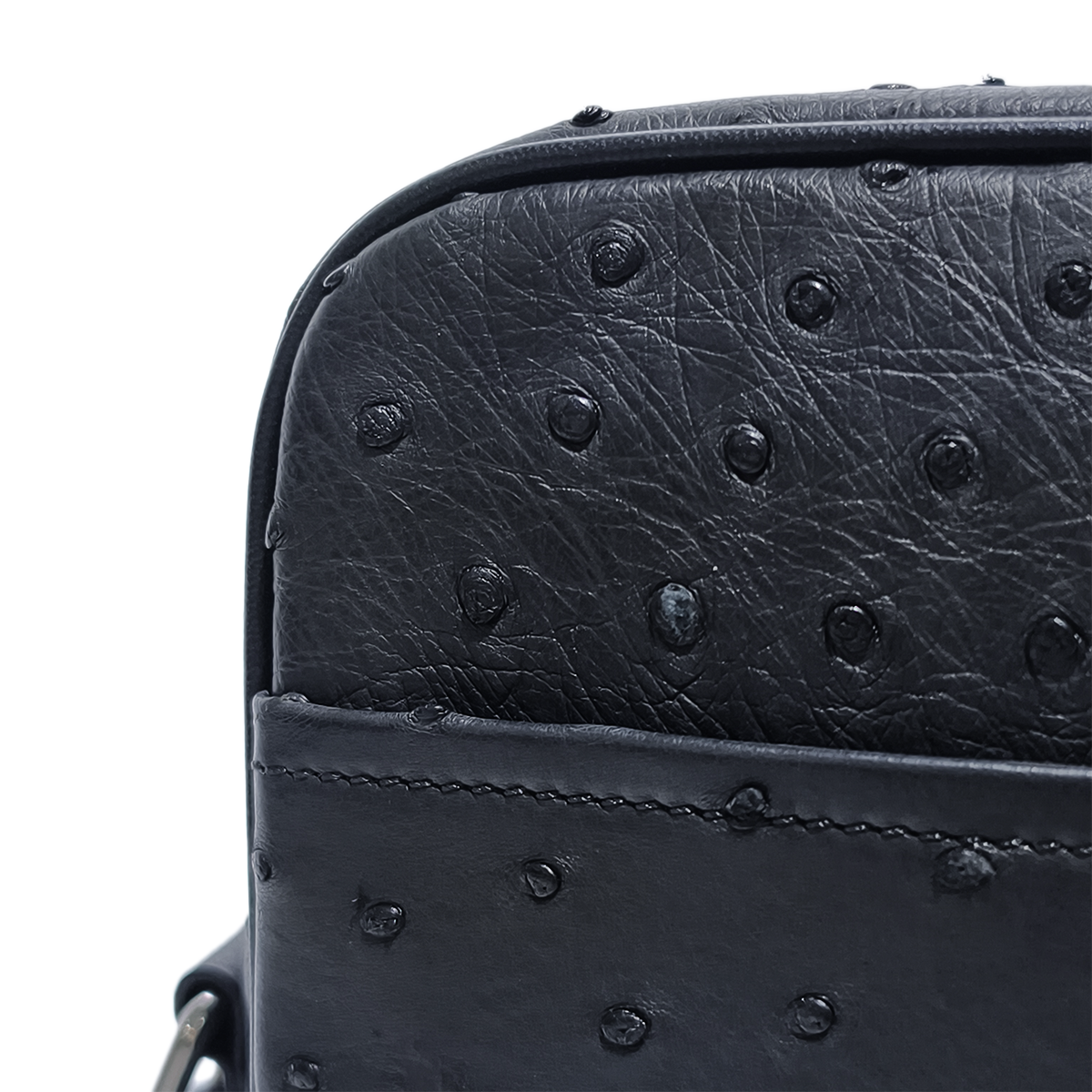 Handmade Genuine Ostrich Leather Crossbody Bag, Matte Black with Silver Hardware & Multi-Pocket Structure