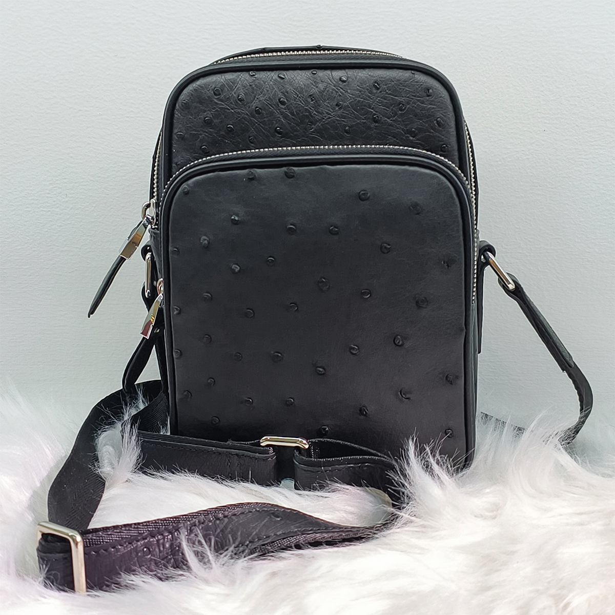 Handmade Genuine Ostrich Leather Crossbody Bag, Matte Black with Silver Hardware & Multi-Pocket Structure