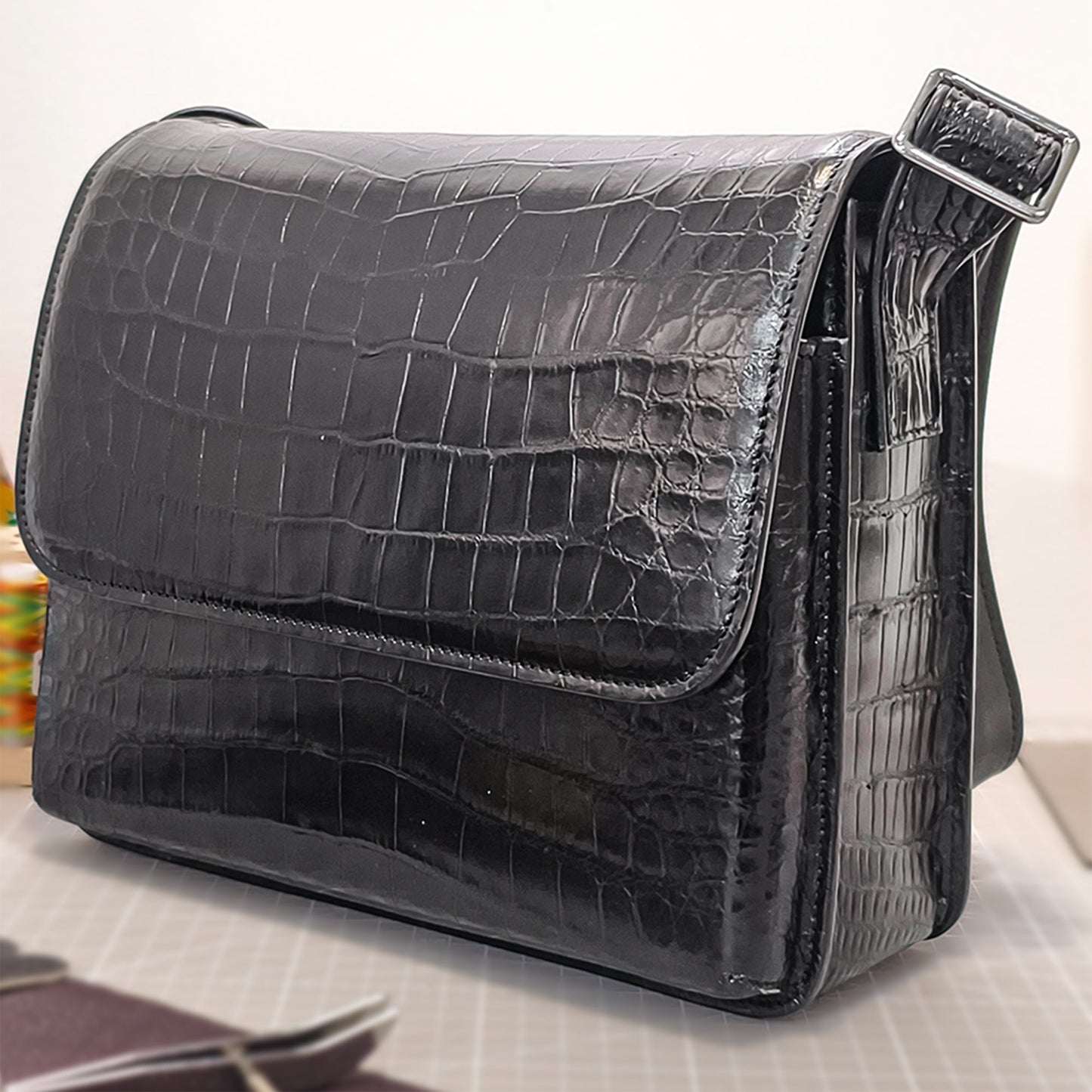 Handmade Genuine Alligator Belly Leather Crossbody Bag, Glossy Black Practical Daily  Essential