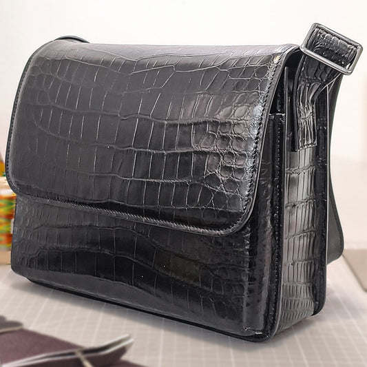 Handmade Genuine Alligator Belly Leather Crossbody Bag, Glossy Black Practical Daily  Essential