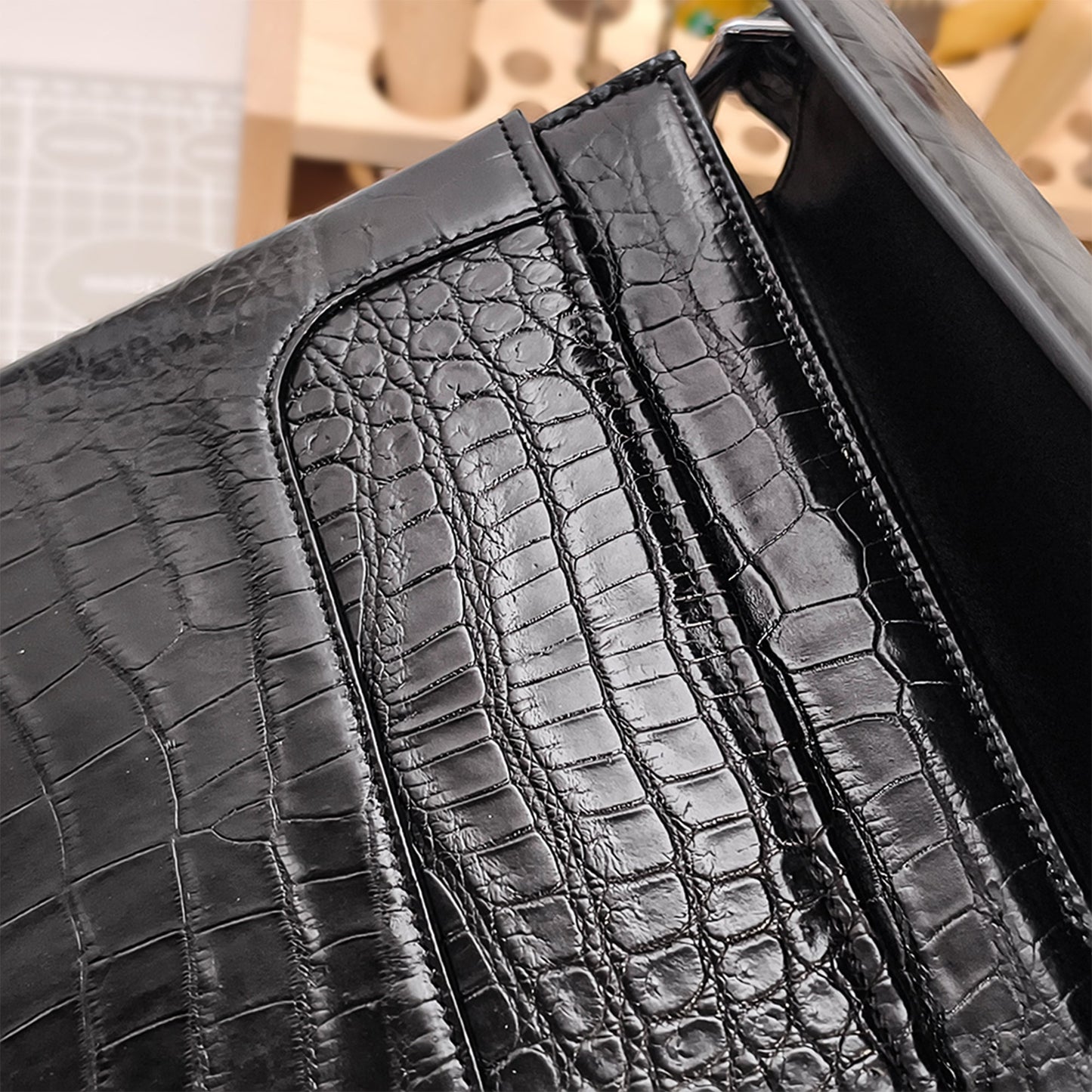 Handmade Genuine Alligator Belly Leather Crossbody Bag, Glossy Black Practical Daily  Essential