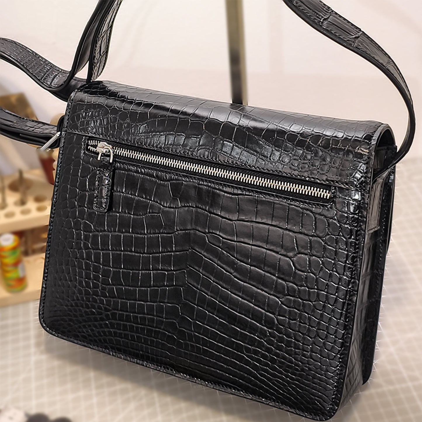 Handmade Genuine Alligator Belly Leather Crossbody Bag, Glossy Black Practical Daily  Essential