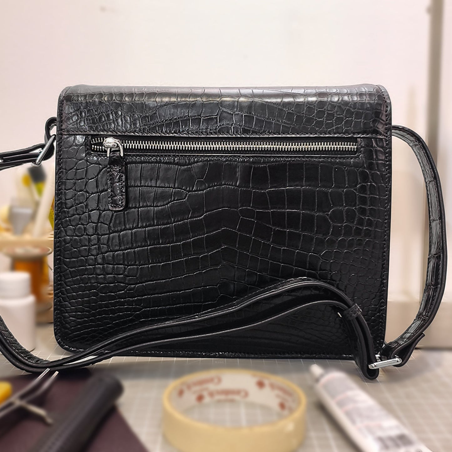 Handmade Genuine Alligator Belly Leather Crossbody Bag, Glossy Black Practical Daily  Essential