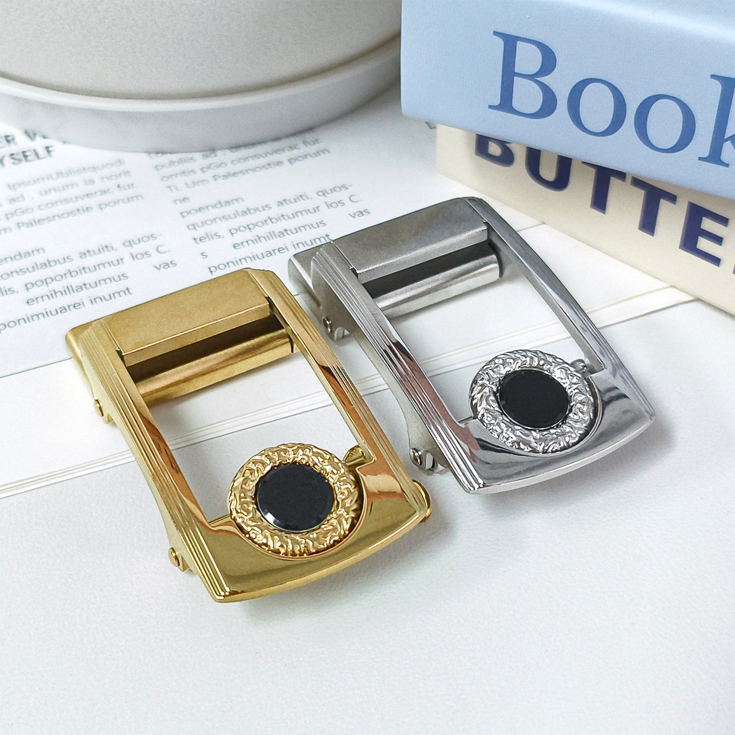 Gem-Embellished Metal Automatic Belt Buckle, Dual-Tone