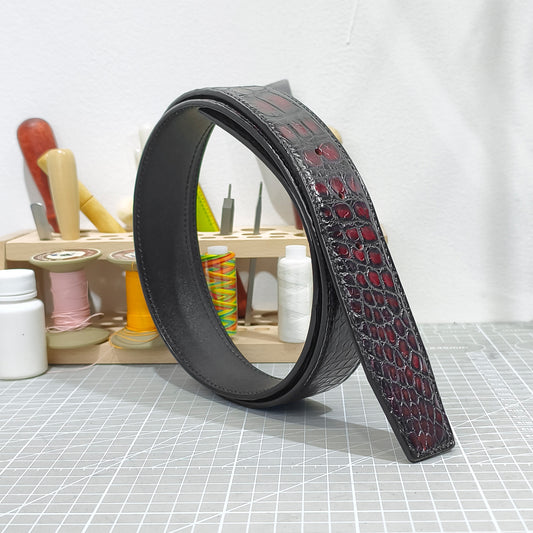 Handmade Genuine Alligator Belly Leather Pin Buckle Belt, Black & Burgundy High-Gloss Texture