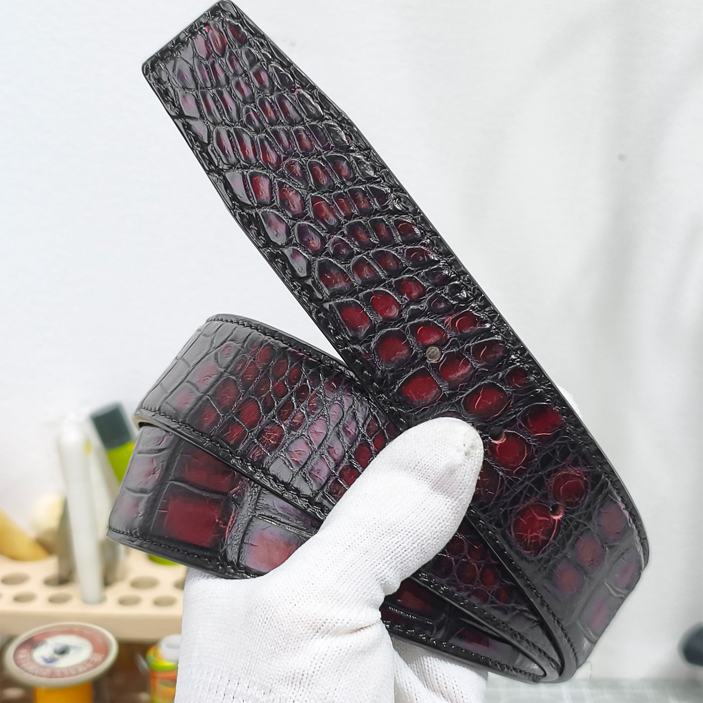 Handmade Genuine Alligator Belly Leather Pin Buckle Belt, Black & Burgundy High-Gloss Texture