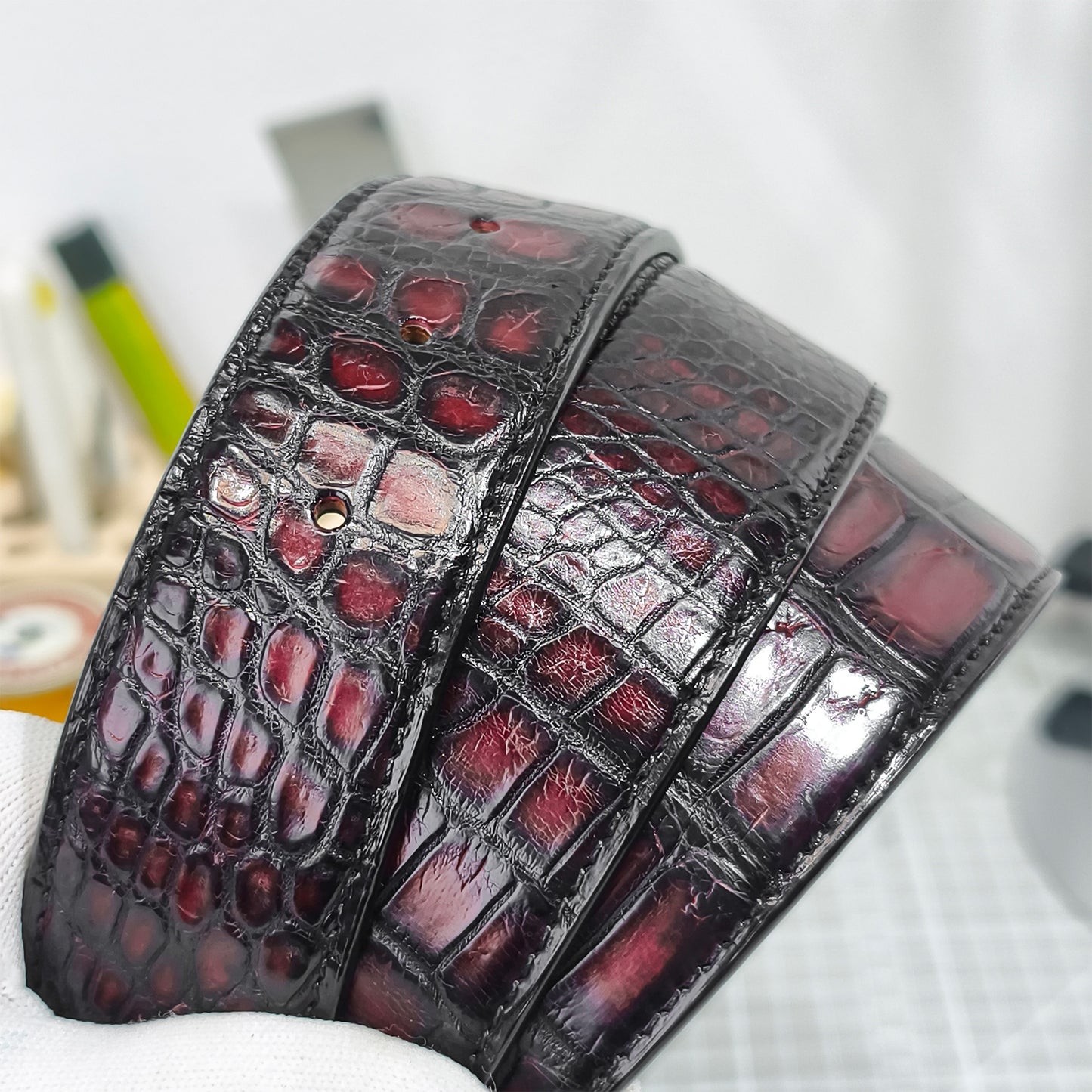 Handmade Genuine Alligator Belly Leather Pin Buckle Belt, Black & Burgundy High-Gloss Texture