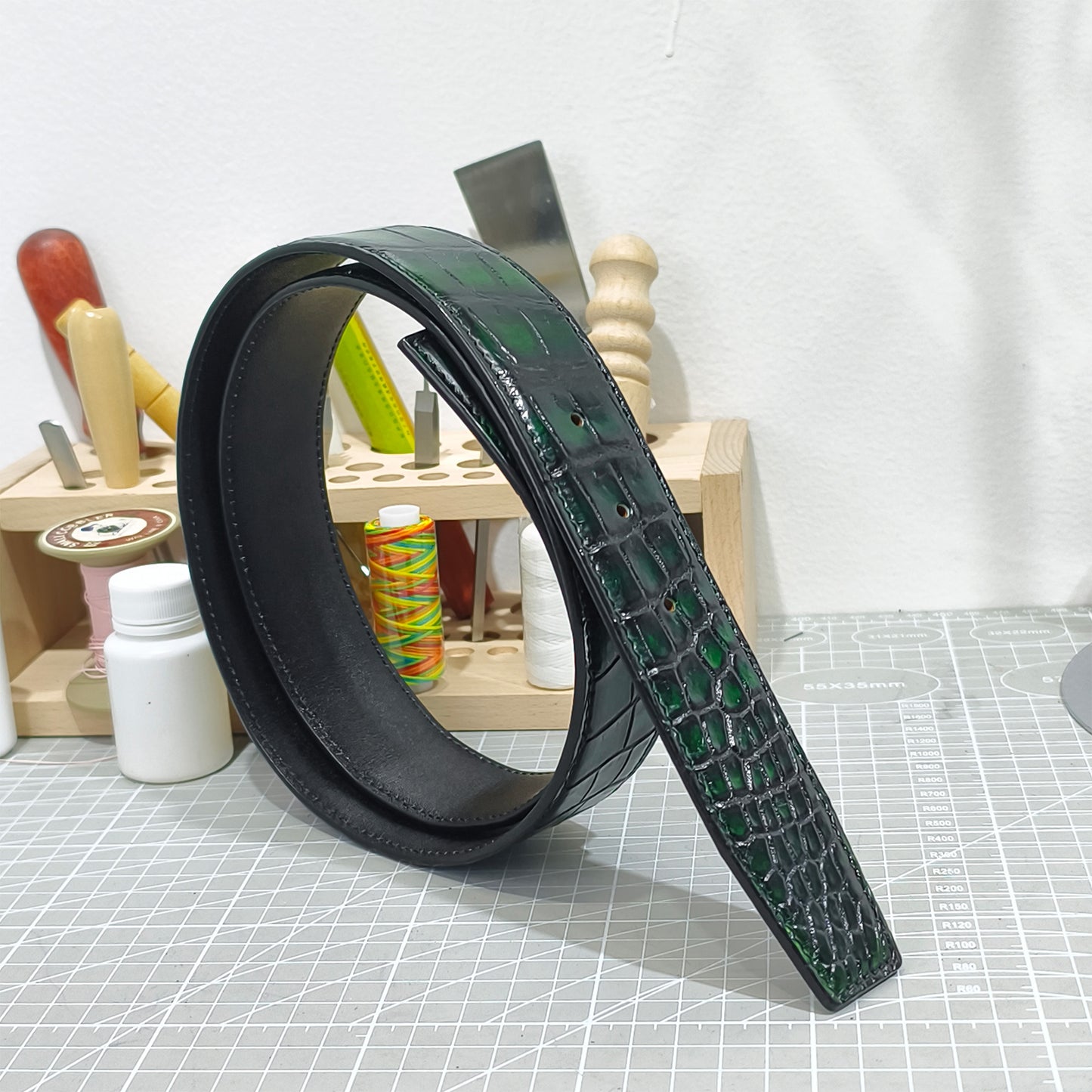 Handmade Genuine Alligator Belly Leather Pin Buckle Belt, Black & Emerald Green High-Gloss Texture