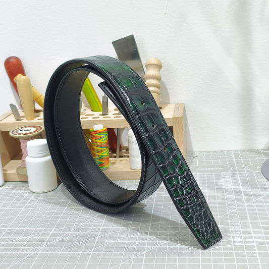 Handmade Genuine Alligator Belly Leather Pin Buckle Belt, Black & Emerald Green High-Gloss Texture